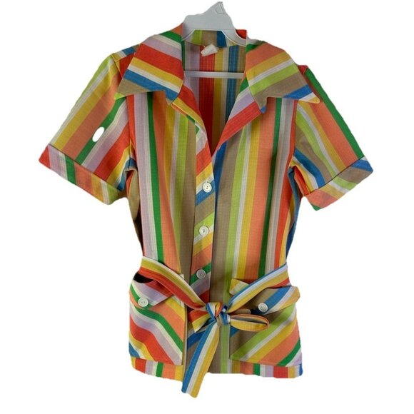 Vintage 70s Rainbow Stripe Belt Wrap Button Shirt Preppy Rockabilly - Picture 1 of 9
